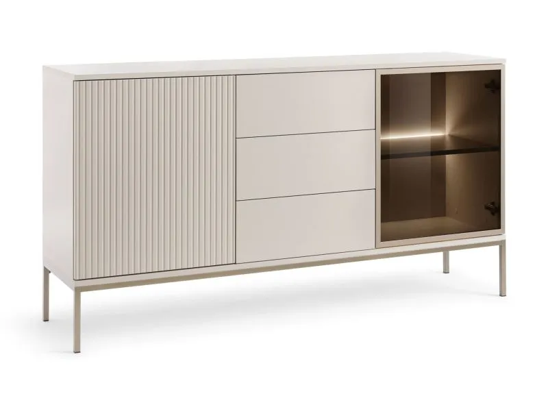 Commode avec porte en verre élégante, éclairage LED inclus, 83 x 154 x 39 cm, en cachemire, 3 tiroirs, 2 portes, 4 compartiments, fonction push-to-open