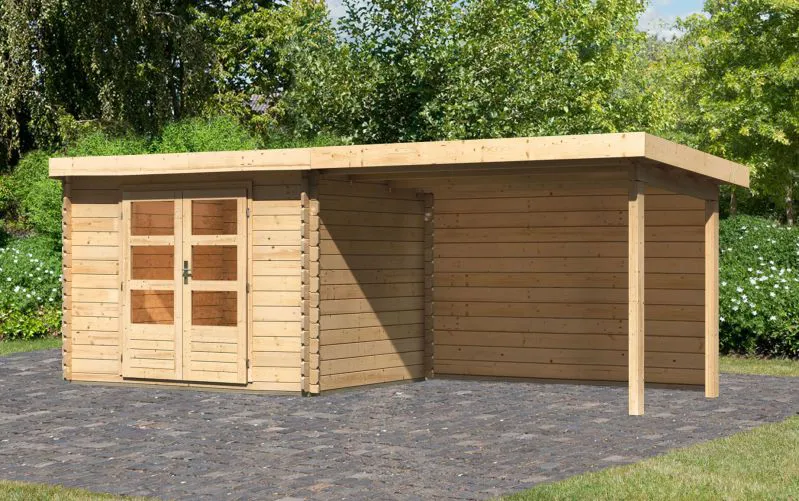 Abri de jardin SET avec toit à une pente, avec toit rapporté & panneau arrière, Couleur : Naturel, surface au sol : 6,16 m².