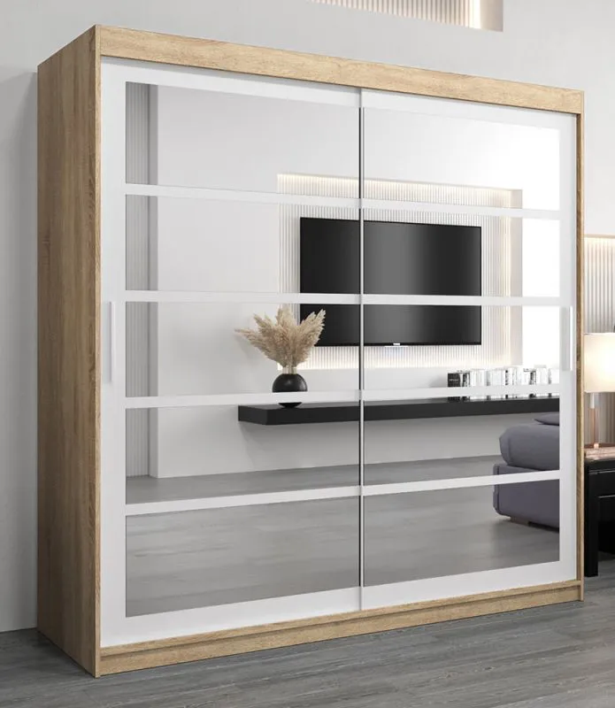 Armoire penderie à portes coulissantes Aizkorri 05B avec miroir | Chêne Sonoma & Blanc mat | 200 x 200 x 62 cm