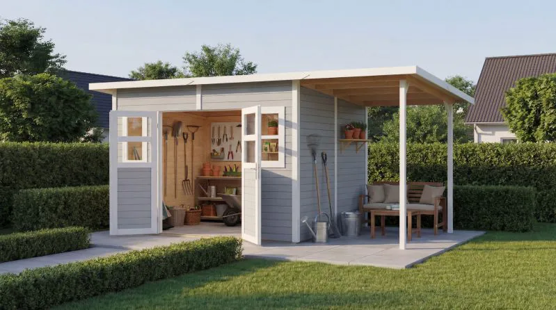 Abri de jardin en éléments de 19 mm / Abri de jardin avec toit traînant / 4,32 x 2,45 mètres / plancher inclus / Laqué gris clair / Découpes de lumière en verre véritable / Toit plat / Freiberg 04