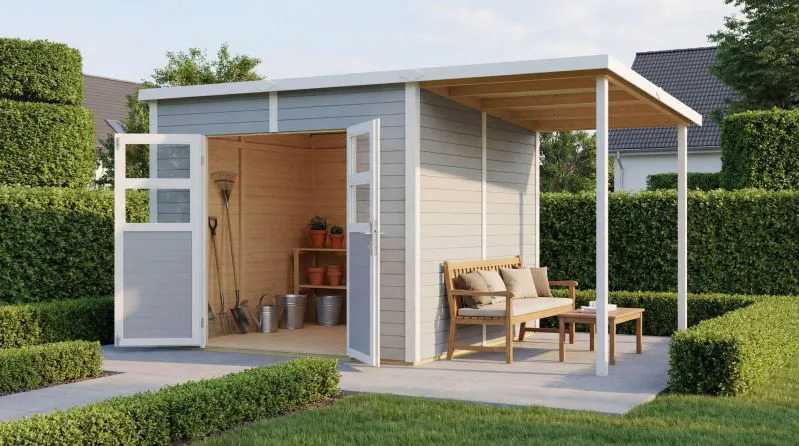 Abri de jardin / 19 mm maison de jardin en éléments / incl. toit rapporté / surface au sol : 9,18 m² / laqué gris clair / incl. plancher / toit plat / Freiberg 03