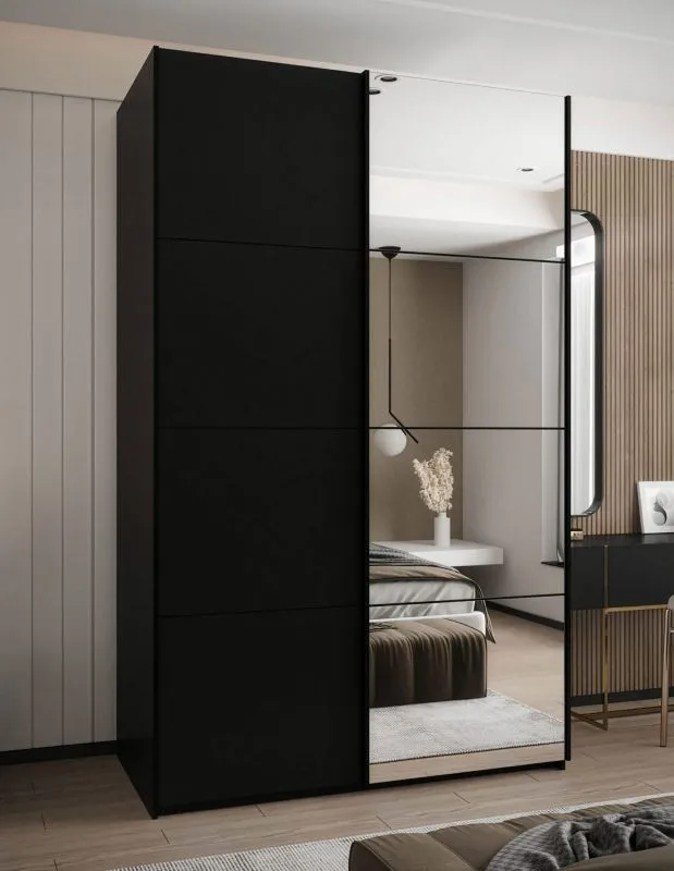 Armoire / Armoire à portes coulissantes | 245,5 x 150 x 64 cm | 2 portes coulissantes | 6 compartiments | Couleur : noir | 2 tringles à vêtements | Miroir | Fermeture en douceur