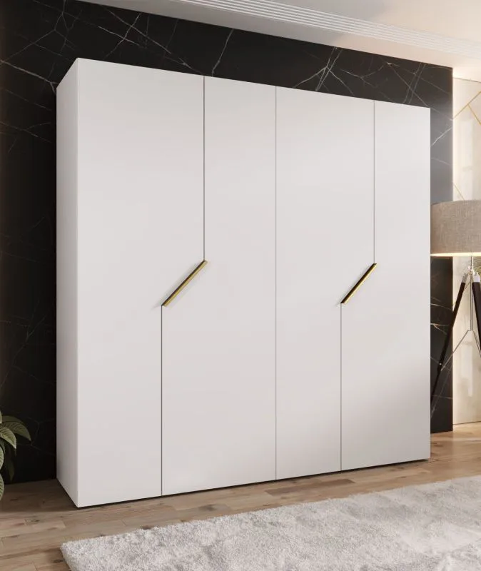 Armoire / 4 portes / Couleur : Blanc / 2 compartiments / 2 tringles à vêtements / Poignées : Or / Fonction Soft-Close / Dimensions : 200 x 52 x 202 cm / Chants ABS