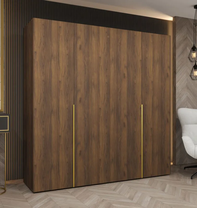 Armoire à deux tringles / Couleur : Noyer / 2 mètres de large / Deux compartiments / Quatre portes / Système de fermeture Soft-Close / Poignées : Dorées / Pour chambre à coucher