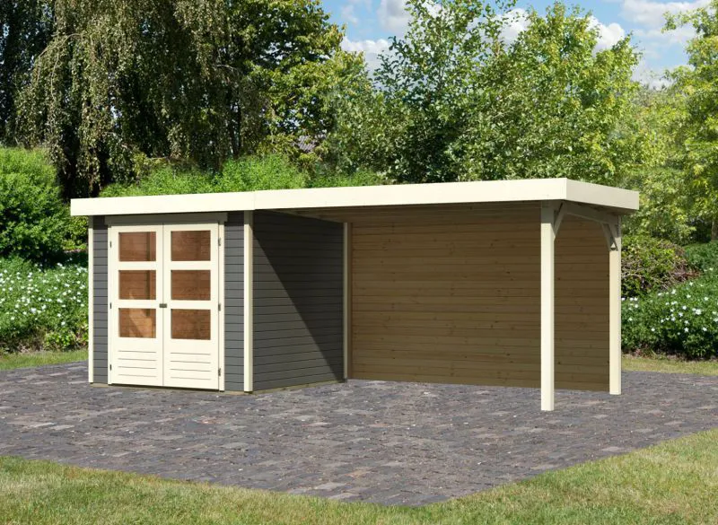 Abri de jardin SET EN PROMO gris terra avec toit rapporté 2,8 m, panneau arrière, surface au sol : 4,45m².
