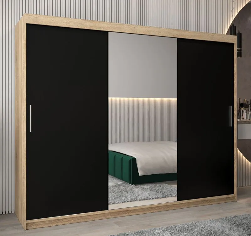 Armoire à portes coulissantes Bisaurin 6B avec miroir | Chêne Sonoma & Noir | 200 x 250 x 62 cm