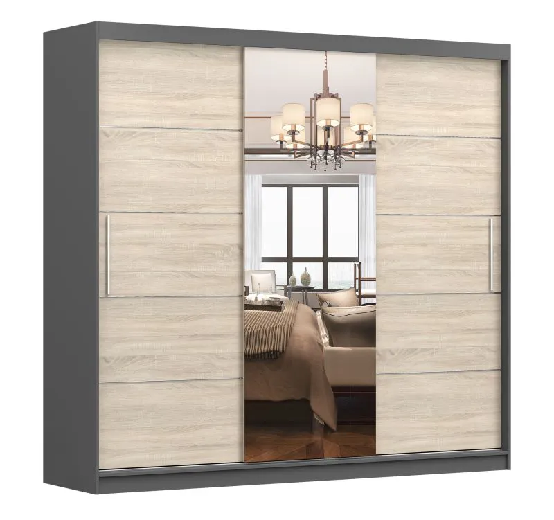 Armoire penderie à portes coulissantes 2,3 m avec miroir | Espace optimisé | Chêne / Gris | Gorski 76 | 218 x 233 x 61 cm