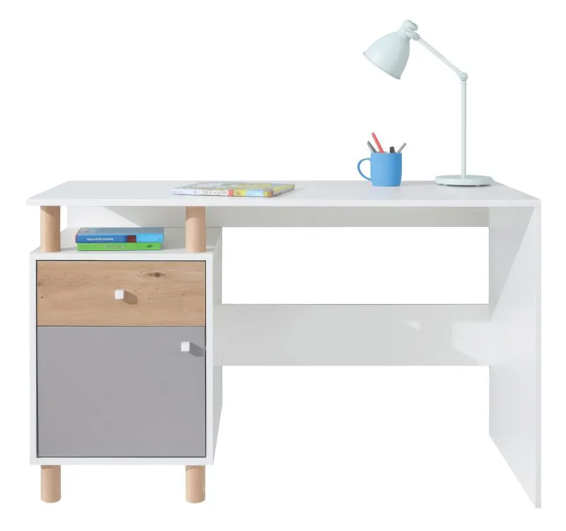 Chambre de jeunes - Bureau Burdinne 09, Couleur : Blanc / Chêne / Gris - Dimensions : 76 x 125 x 55 cm (H x L x P)