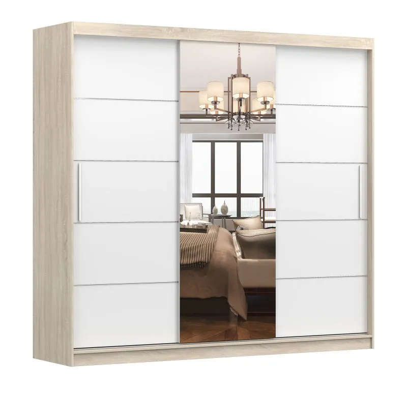 Armoire penderie coulissante 2,3 m | Gorski 73 | Blanc / Artisan | Miroir central | 12 compartiments | Poignées métal