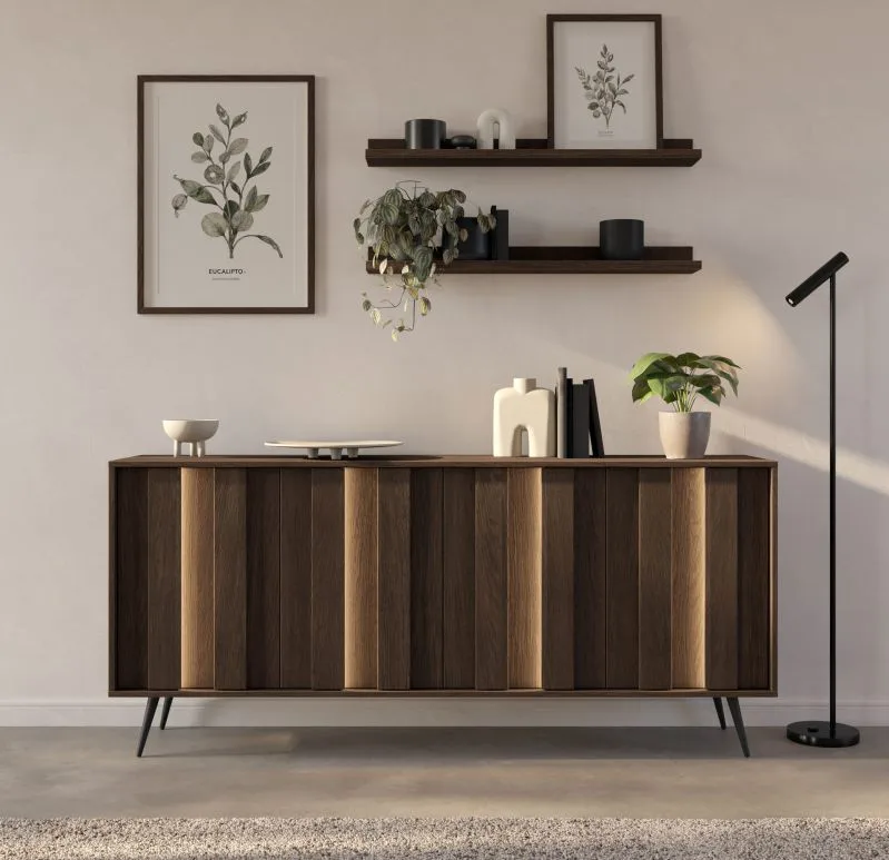 Commode / Couleur : Chêne Dunin / Éclairage LED inclus / 183 x 40 x 83 cm / 4 portes / Fonction soft-close / 8 compartiments / Pieds métalliques fins / Buffet