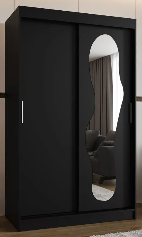 Armoire / Penderie à portes coulissantes Lagginhorn 07, Couleur : Noir, une porte miroir, largeur 1,2 mètres, cinq casiers, rails en aluminium, deux tringles à vêtements