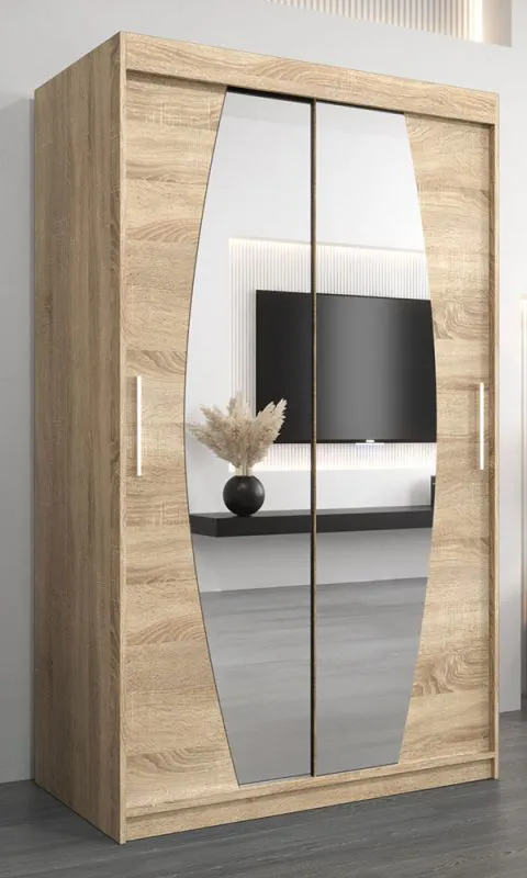 Armoire à portes coulissantes / Penderie Calvitero 02 avec miroir, Couleur : Chêne de Sonoma - Dimensions : 200 x 120 x 62 cm ( H x L x P)