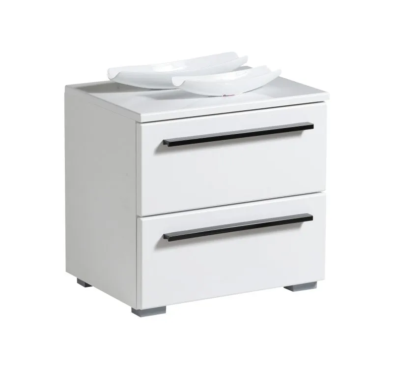 Table de chevet avec deux tiroirs Banat 11, Couleur : Blanc / Blanc brillant, protection des bords ABS, dimensions : 42,5 x 44,5 x 33,5 cm, facile à combiner, poignées : Métal