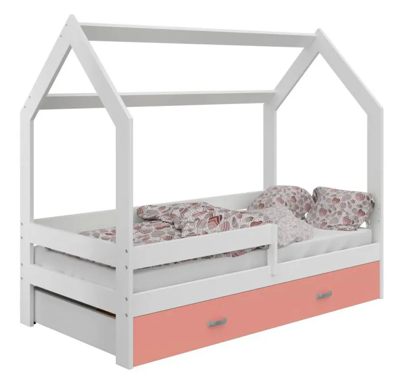 Lit cabane enfant en pin massif blanc | Tiroir rose | Sommier inclus | 80 x 160 cm