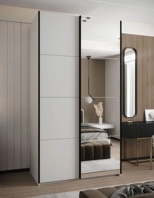 Penderie / Armoire à portes coulissantes / Miroir / 2 tringles à vêtements / 245,5 x 140 x 64 cm / Soft-Close / 6 compartiments / Couleur : Blanc / 2 portes coulissantes