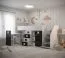 Lit mezzanine enfant Jura 72 avec bureau coulissant et escalier gauche | Blanc/Noir | 90x200 cm | 3 compartiments basculants | 4 tiroirs