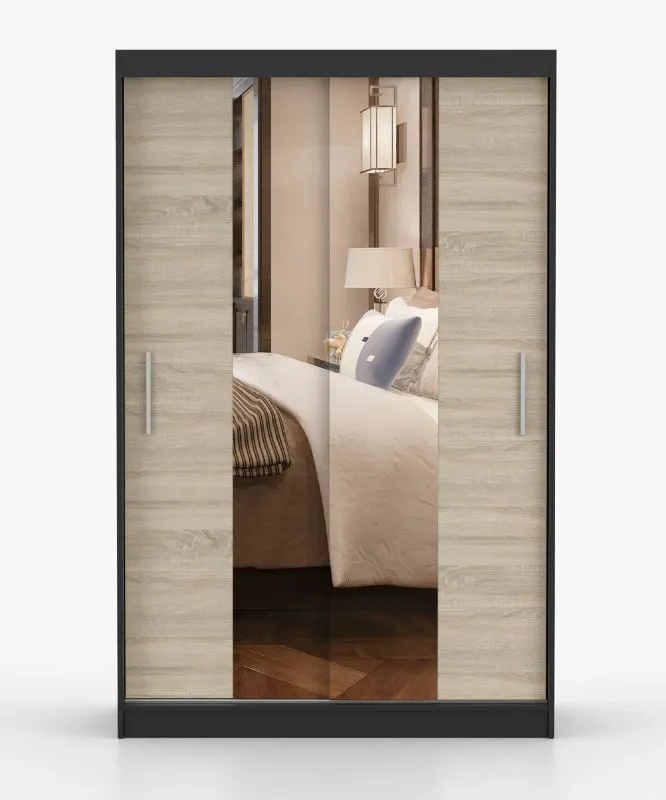 Penderie / Armoire à portes coulissantes / Chêne de Sonoma / Noir / Rudawy 12 / Avec miroir / 2 portes / 200 x 120 x 61 cm / 6 compartiments / Barre de penderie