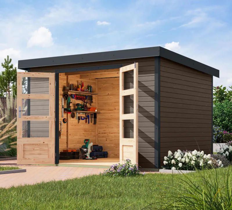 Abri de jardin avec toit à une pente en tôle trapézoïdale, épicéa gris terra/anthracite, résistant aux intempéries, coins renforcés par du métal, durable, serrure à cylindre, 2,98x2,42 m