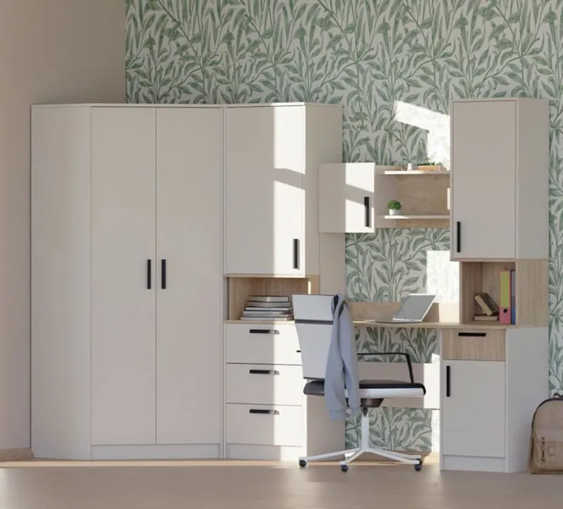Ensemble mobilier jeunesse Fafe K | 3 pièces | Kaschmir & Chêne Cremona | Armoire d’angle | Bureau avec surmeuble | Soft-Close | Poignées foncées