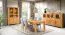 Vitrine moderne à deux portes Floresta 07, nature, avec poignées allongées, cinq compartiments, chêne massif, 204 x 133 x 48 cm, deux étagères en verre et deux étagères en bois