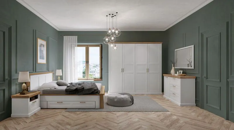 Ensemble complet de chambre à coucher G Lotofaga, 8 pièces, Couleur : Blanc / Noyer