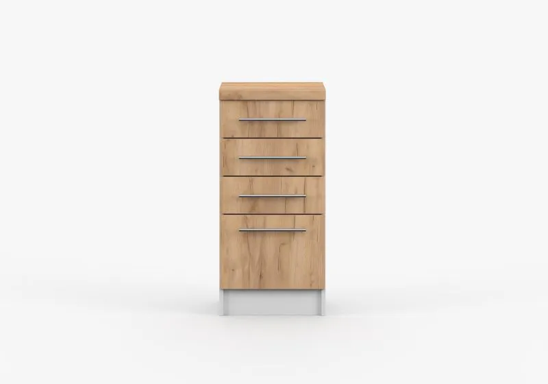 Armoire basse / Parnassus 02 / Marron / Blanc / 4 tiroirs / Poignées : Métal / 85 x 40 x 60 cm / Poignées métalliques argentées / Cuisine