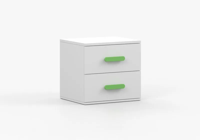 Table de chevet Smolikas 143 | Blanc | 50 x 55 x 40 cm | Poignées vertes en bois massif | 2 grands tiroirs