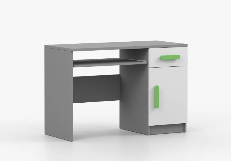 Bureau enfant 110 cm large | 75 x 110 x 50 cm | 1 tiroir, 3 niches, 1 porte | Poignées bois vertes | Blanc / Gris | Smolikas 84