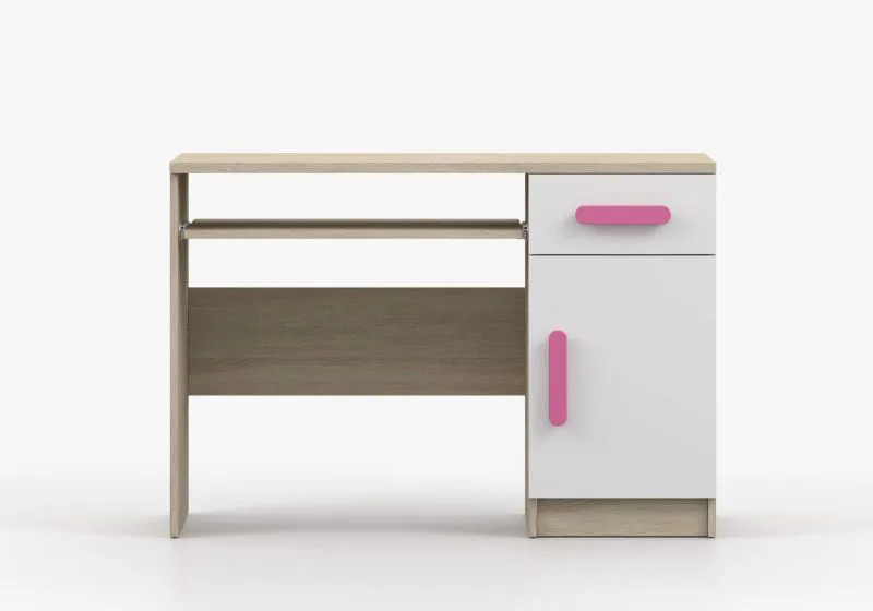 Bureau enfant Smolikas 74 | 75 x 110 x 50 cm | 3 niches | 1 tiroir | 1 porte | Blanc & chêne Sonoma | poignées bois roses