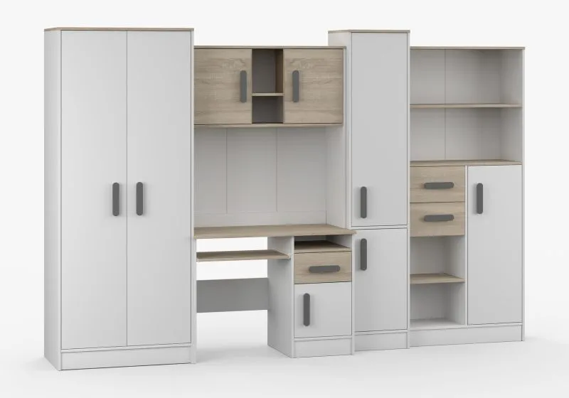 Chambre d'enfant - Armoire avec bureau / Blanc / Chêne / Grammasos 07 / 300 x 52 x 196 cm / 8 portes / 3 tiroirs / 19 compartiments / 3 mètres de large