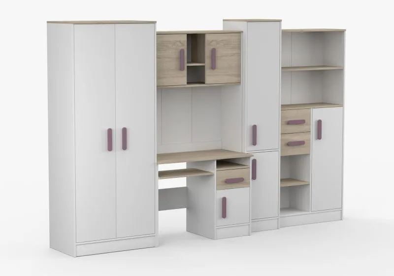 Ensemble armoire murale enfant avec bureau | 3 m de large | Grammasos 05 | Blanc / chêne | 19 compartiments | 3 tiroirs | 300 x 52 x 196 cm