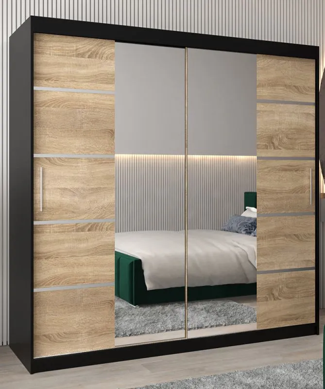 Armoire à portes coulissantes / Penderie Jan 05D avec miroir, Couleur : Noir / Chêne de Sonoma - Dimensions : 200 x 200 x 62 cm (H x L x P)
