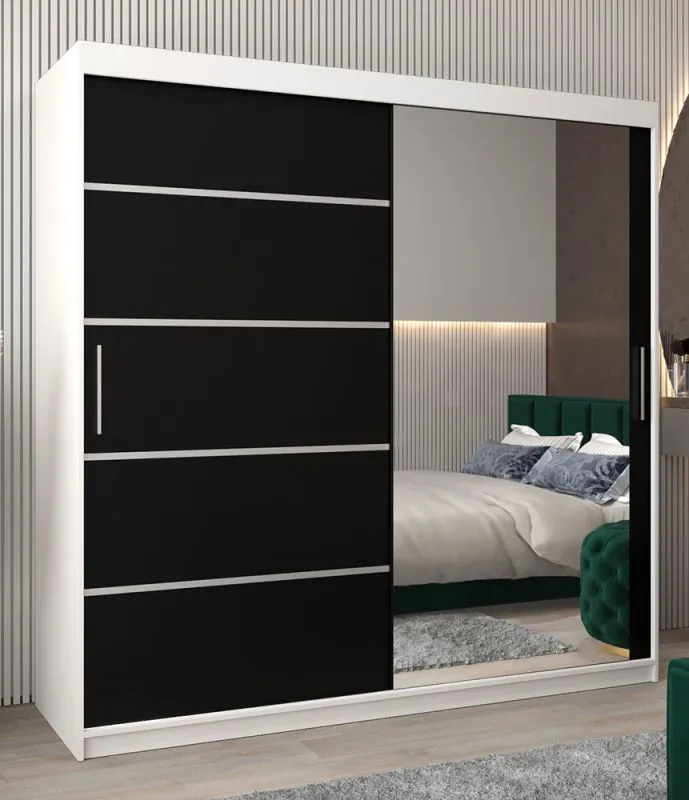 Armoire à portes coulissantes Jan 05B avec miroir | Blanc mat / Noir | 200 x 200 x 62 cm