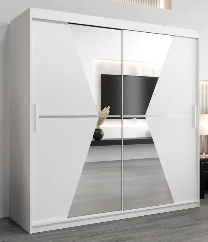 Armoire à portes coulissantes / Penderie Naranco 05 avec miroir, Couleur : Blanc mat - Dimensions : 200 x 200 x 62 cm ( H x L x P )