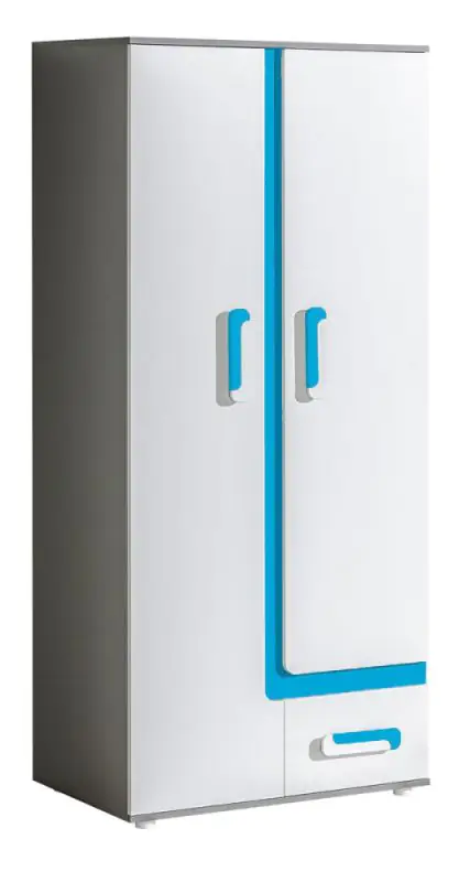 Chambre des jeunes - armoire à portes battantes / armoire Oskar 01, couleur : anthracite / blanc / bleu - 192 x 85 x 50 cm (H x L x P)