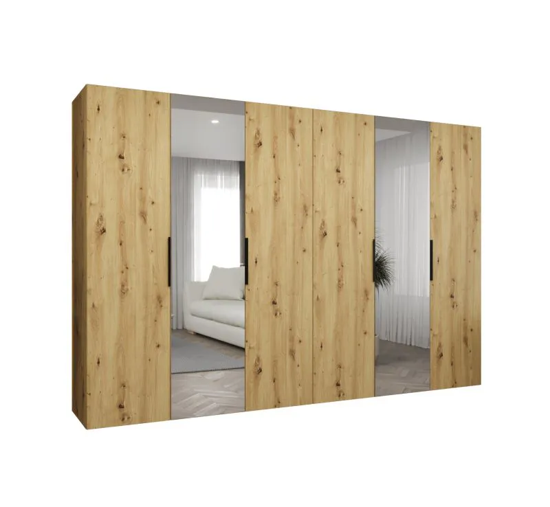 Armoire à portes battantes Korab 100 | 2 portes miroir | Chêne Artisan | 3 m de large | 4 penderies | Soft-Close | Poignées noires