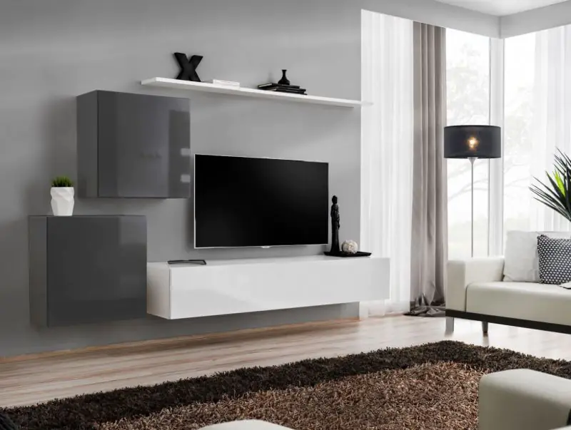 Exceptionnel meuble-paroi Balestrand 72, couleur : gris / blanc - dimensions : 150 x 250 x 40 cm (h x l x p), avec trois portes