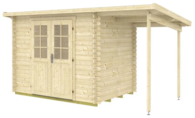 Abri de jardin Pribitz 01 avec toit rapporté, plancher inclus - Maison en madriers de 28 mm, Surface au sol : 4,9 m², Toit plat