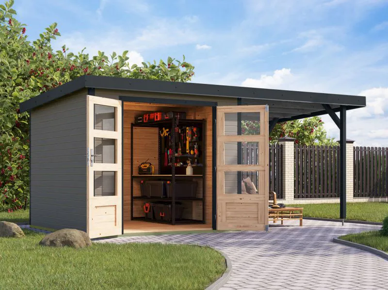 Abri de jardin en bois, toit rapporté 2,35 m, épicéa nordique gris eau/anthracite, toit en tôle trapézoïdale, coins renforcés par du métal, serrure à cylindre, 2,38 × 2,42 m