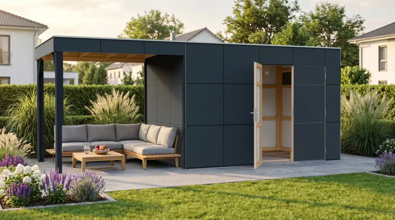 Abri de jardin Lounge Frankfurt 02 avec extension de toit | Surface au sol : 13,12 m² | Gris / Anthracite | Toit en pente | Abri de jardin modulaire | Panneaux de façade en HPL