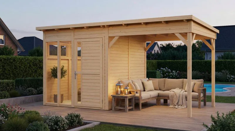 Abri de jardin avec toit rapporté / plancher inclus / Naturel / Construction par éléments / Surface au sol : 10,51 m² / Pool house / Toit plat / Bonheur du soleil 01 / Fenêtres en verre de sécurité