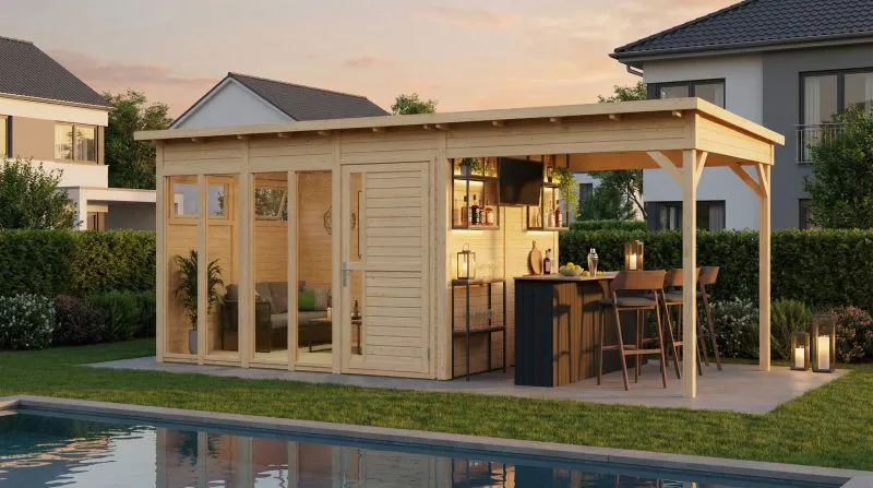 Abri de jardin avec toit traînant/ Naturel / Construction par éléments / Grande fenêtre panoramique incluse / Surface au sol : 13,08 m² / Plancher inclus / Bonheur du soleil 02 / Poolhouse / Toit plat