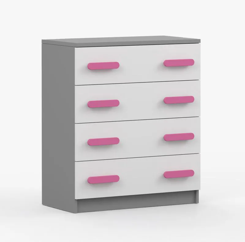 Commode enfant 80 cm large | Blanc / Gris | Smolikas 10 | Poignées bois roses | 4 tiroirs spacieux | 90 x 80 x 40 cm