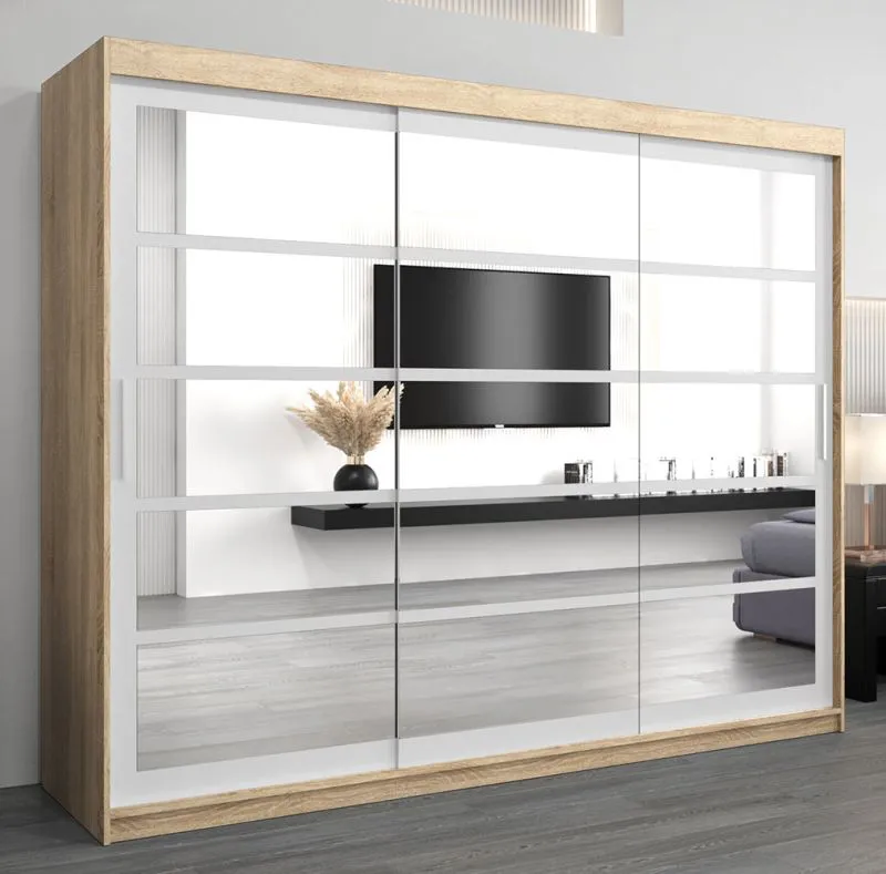 Armoire à portes coulissantes Aizkorri 06B avec miroir | Chêne Sonoma / Blanc mat | 200 x 250 x 62 cm