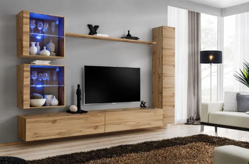 Meuble mural salon moderne Balestrand 276 | Chêne Wotan | 180 x 280 x 40 cm | Push-to-open