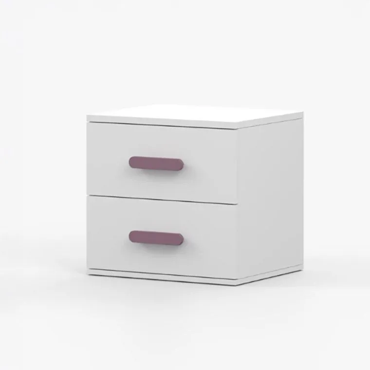 Table de chevet blanche | 2 tiroirs spacieux | Smolikas 145 | poignées violettes en bois massif | 50 x 55 x 40 cm | design épuré