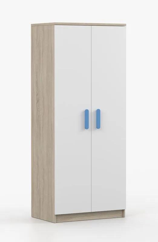 Armoire penderie Smolikas 51 | 2 portes battantes | Blanc & chêne Sonoma | 5 étagères | Poignées bois bleues | 192 x 50 x 80 cm