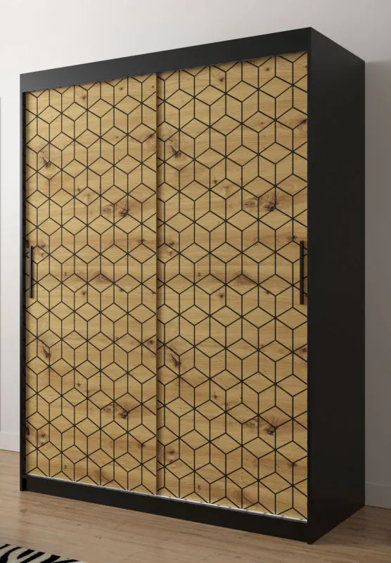 Armoire noble avec panneaux à motifs Dom 53, Couleur : Noir mat / Chêne Artisan - Dimensions : 200 x 150 x 62 cm (h x l x p), avec cinq casiers et deux tringles à vêtements