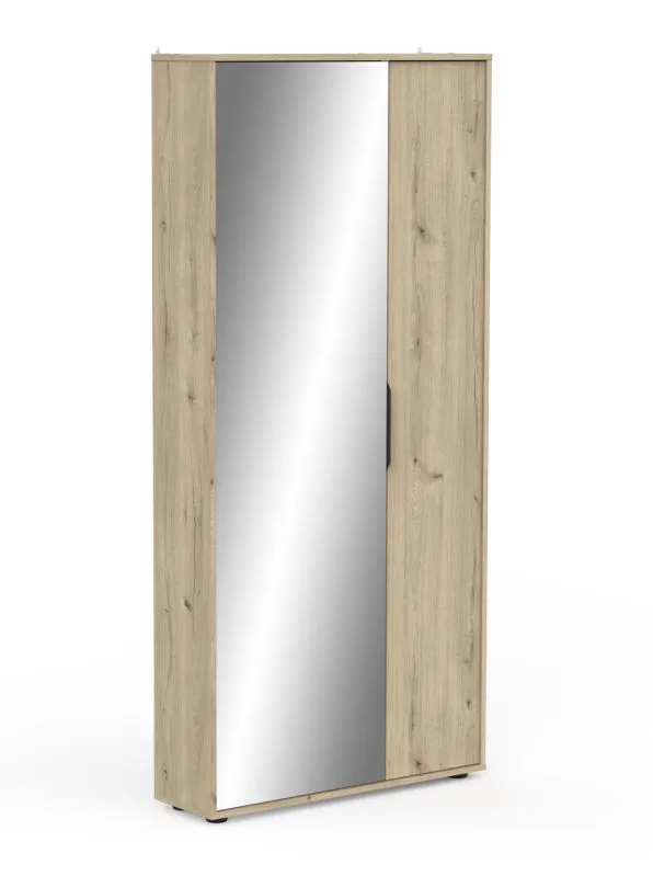 Armoire grand format à chaussures Matandu 01, une porte miroir, une porte, 6 rails à chaussures, 5 compartiments, Couleur : Chêne, dimensions : 176,5 x 83 x 24 cm, pour penderie