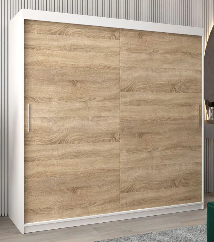 Armoire à portes coulissantes Bisaurin 5A | Blanc mat & Chêne Sonoma | 200 x 200 x 62 cm